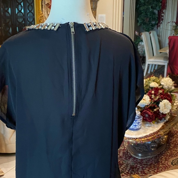 Beautiful black silky blouse with rhinestone collar  size M - Picture 4 of 6